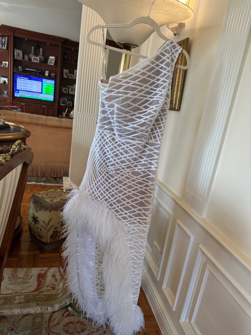 Bronx and Banco White One-Shoulder High-Low Feather Trim Dress